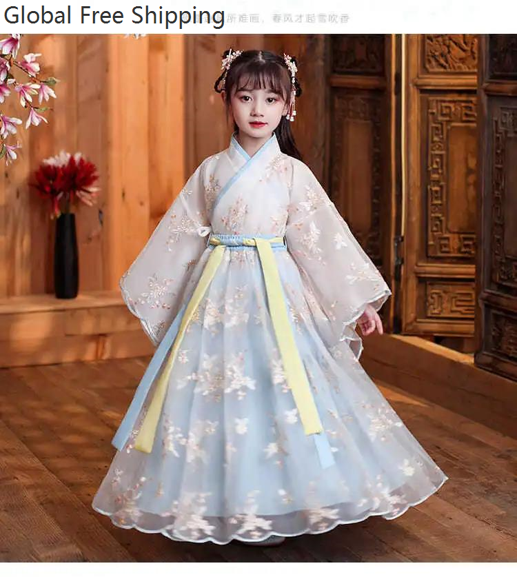 Robe chinoise en soie pour filles et enfants, Kimono traditionnel chinois Vintage ethnique Antique, Costume de danse, ensemble Hanfu Cosplay