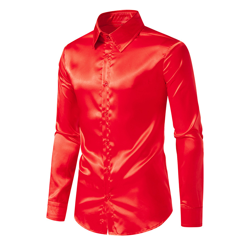 Chemise en satin à manches longues pour hommes, chemise habillée décontractée, bleu, orange, rouge, noir, blanc, jaune, fête de mariage, boîte de nuit, chemisier à la mode