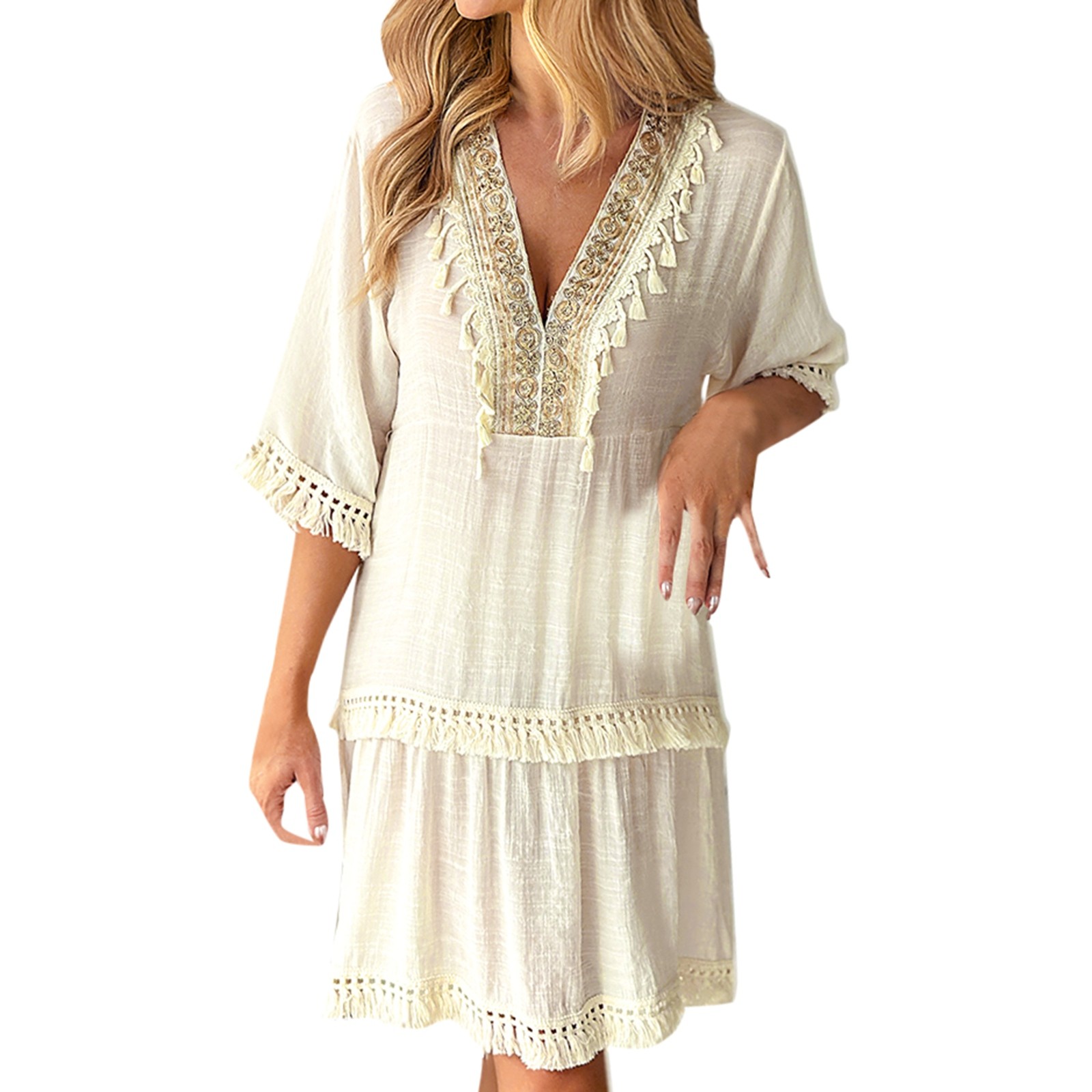 Robe bohème brodée à col en V pour femmes, robes décontractées élégantes avec glands, robe éducative confortable