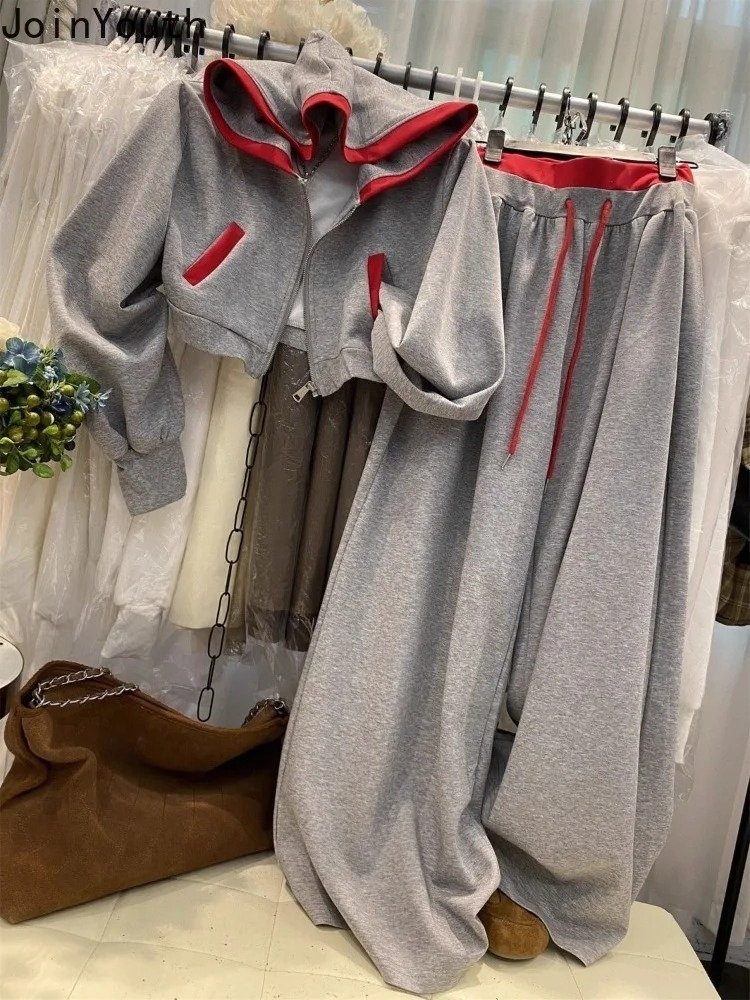 Ensemble pantalon et veste pour femme, 2 pièces, veste courte à capuche zippée, pantalon large à cordon de serrage, tenue décontractée tendance