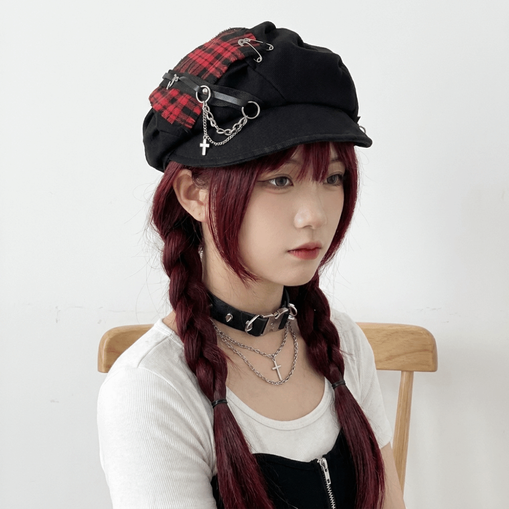 Chapeau Béret à Oreilles de Lapin Tendance, Motif Écossais, Bord Fin Irrégulier, Style Peintre Artistique, Casquette Lollita Gothique Newsboy pour Filles