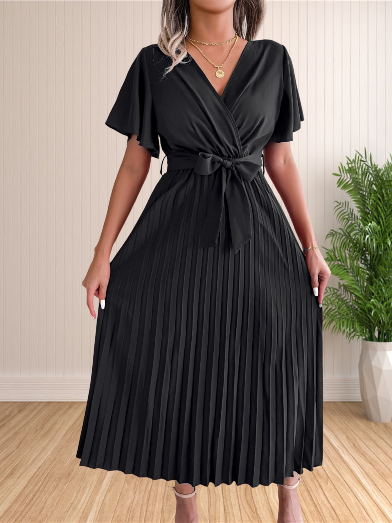 Robe de soirée plissée à manches à volants pour femmes, taille haute, col en V, balançoire, cocktail, longue, maxi, été