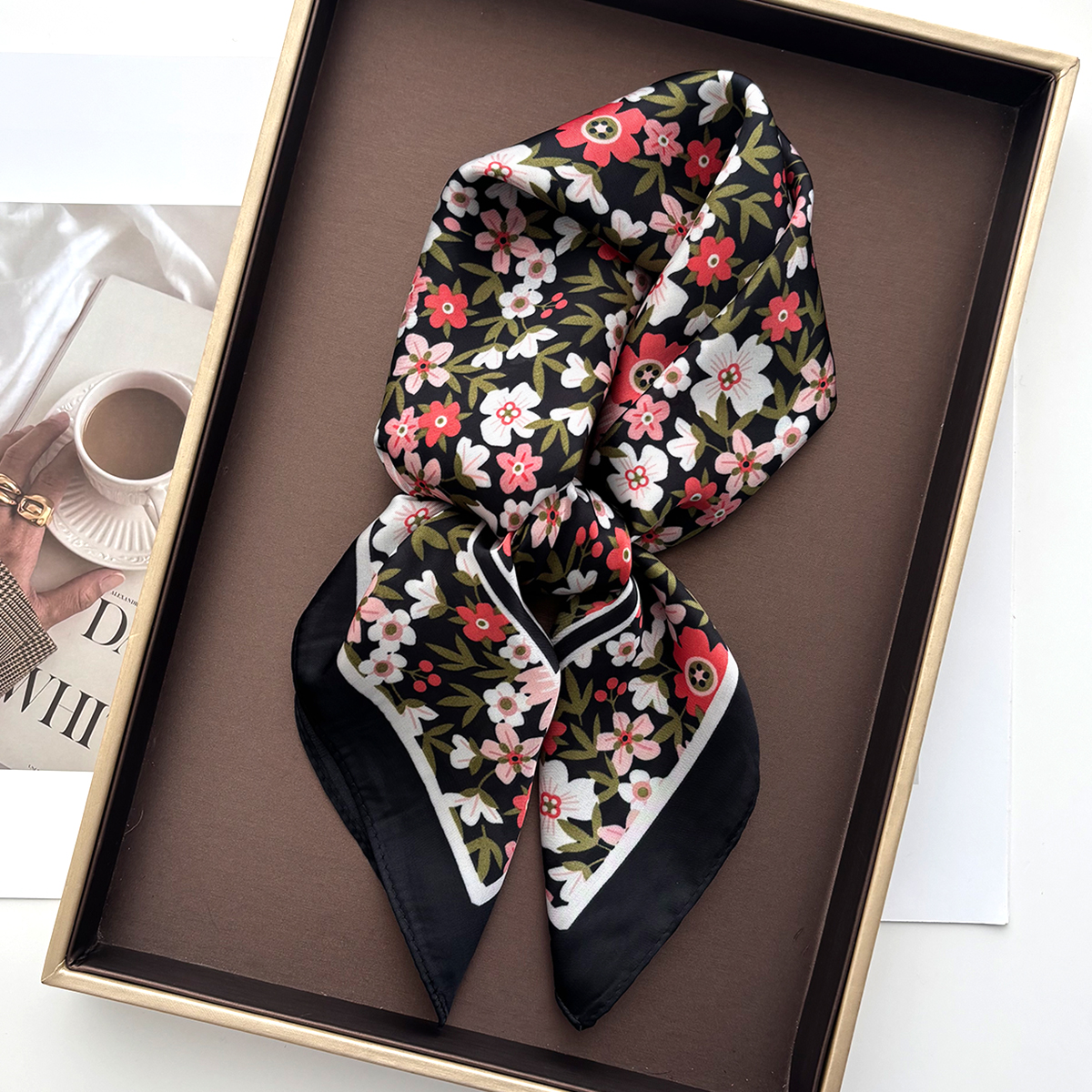 Élégant Foulard Floral pour Femme en Soie Imitation, Écharpes de Cou, Bandanas, Hijabs, Bandeaux, Châles Carrés et Étoles