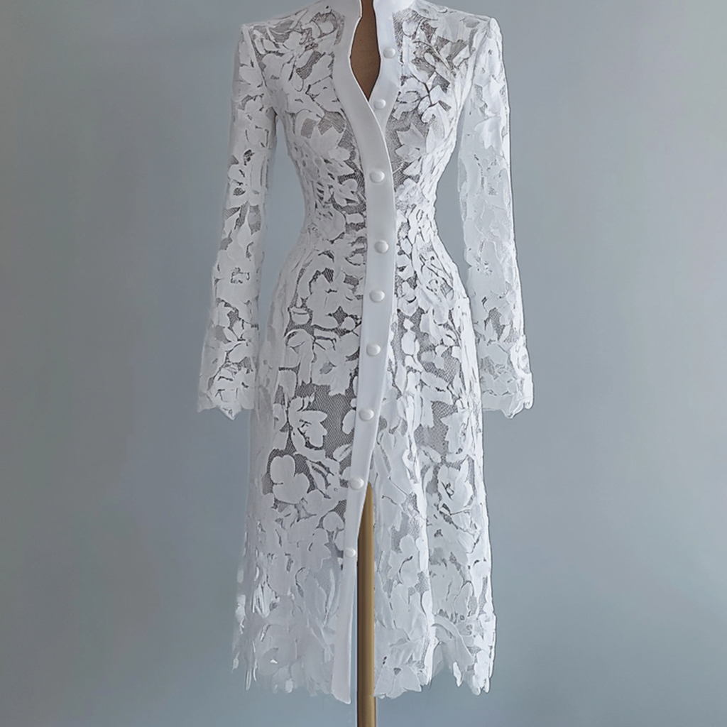 Robe en dentelle pour femme, col montant, simple boutonnage, manches longues, style manteau, longueur midi, transparente, élégante et raffinée, pour l'automne