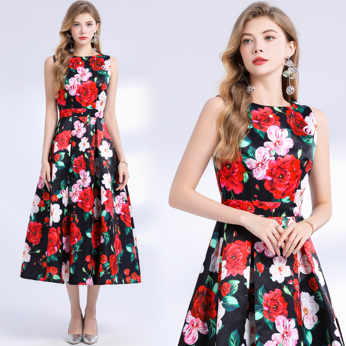 Robe d'été à fleurs Jacquard pour femmes, sans manches, débardeur, col rond, imprimé Floral Empire, longue plage, fête, robes de soirée mi-longues