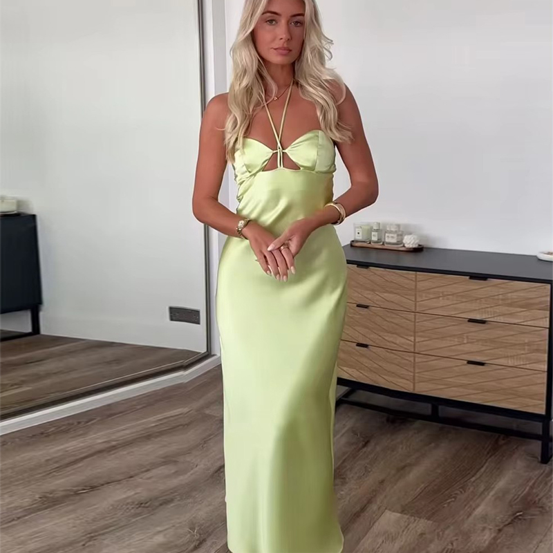 Robe longue en satin sexy pour femme, robe corset épaules dénudées, robe midi de soirée d'été pour femme, robe de plage à licou pour femme
