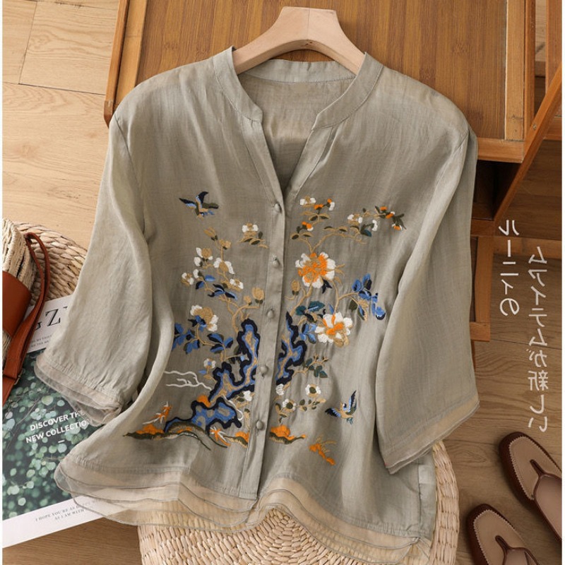 Chemises vintage brodées de luxe pour femmes, vêtements d'été, cardigan décontracté, manteau court, chemisiers à boutons patchwork, tendance