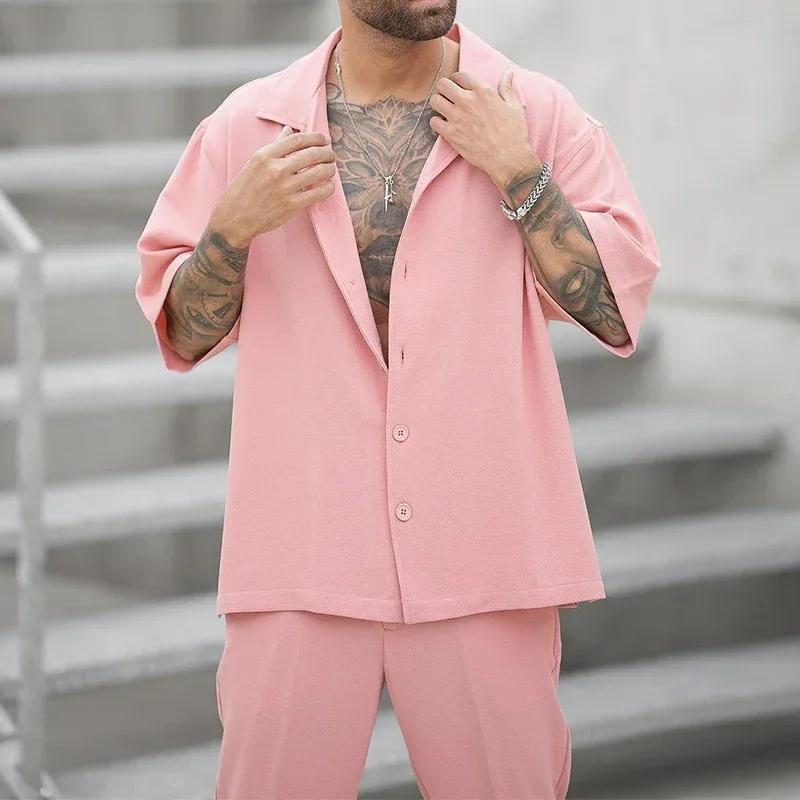 Ensemble Chemise et Pantalon à Revers pour Homme, Vêtements Décontractés, Couleur Unie, Manches Courtes, Costumes 2 Pièces, Tenues de Loisirs, Été