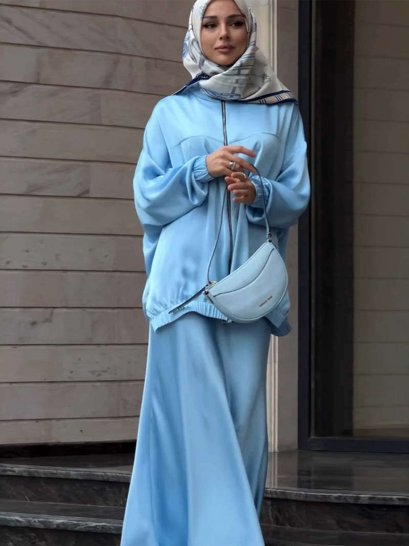 Robe musulmane Satin 2 pièces ensemble femmes fête Abaya Musulman Ensembles arabe longue Robe dubaï caftan robes Jalabiya Ramadan Eid