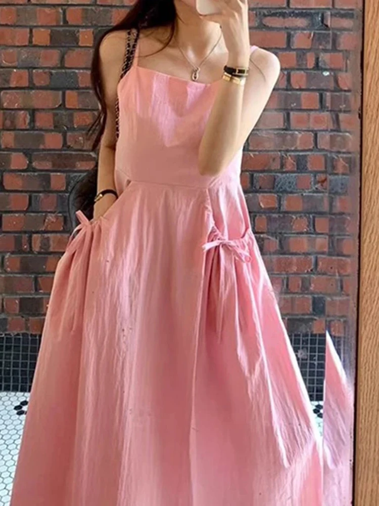 Robe longue à lacets plissée pour femmes, caraco à grandes poches, taille haute, coupe couvertes, mode coréenne, été, nouveau