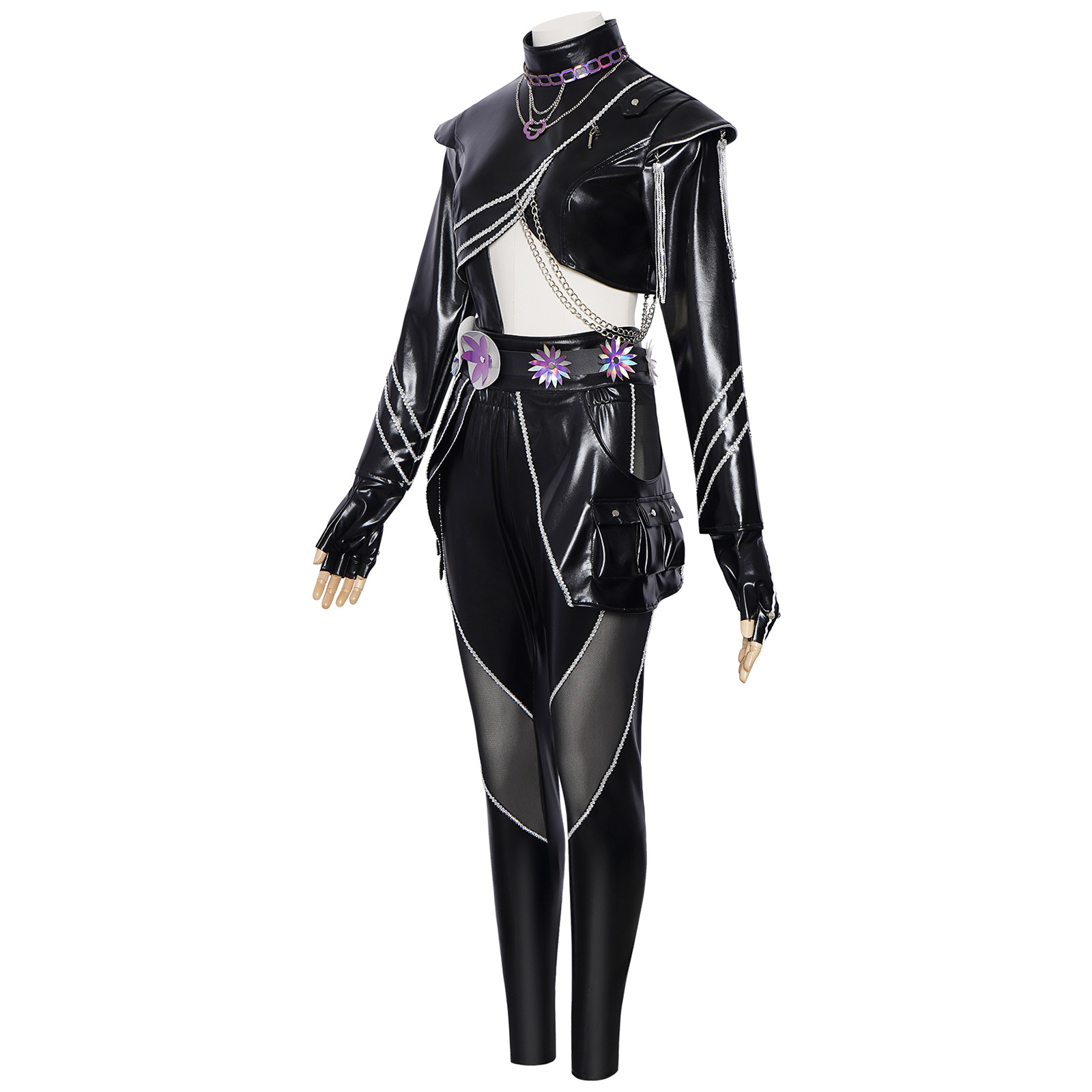 Tenues Kpop pour femmes, ensemble en cuir PU noir et violet, style Y2K cyberpunk streetwear, sexy, patchwork en mesh, costume de performance de danse jazz