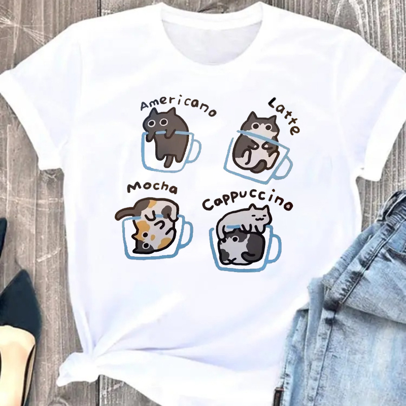 T-shirt imprimé chat et café pour femme, nouveau modèle col rond, mignon, décontracté, vêtements d'été, t-shirts graphiques Y2K, haut vintage