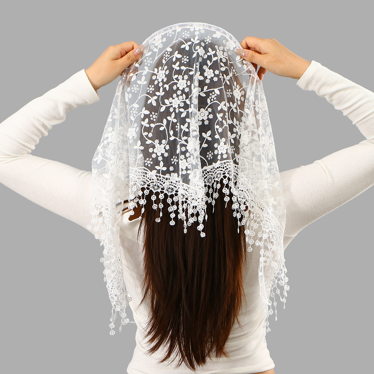 Foulard triangulaire en dentelle pour femme avec bandeau intégré, broderie ajourée, bandana fin vintage, mouchoirs pour cheveux