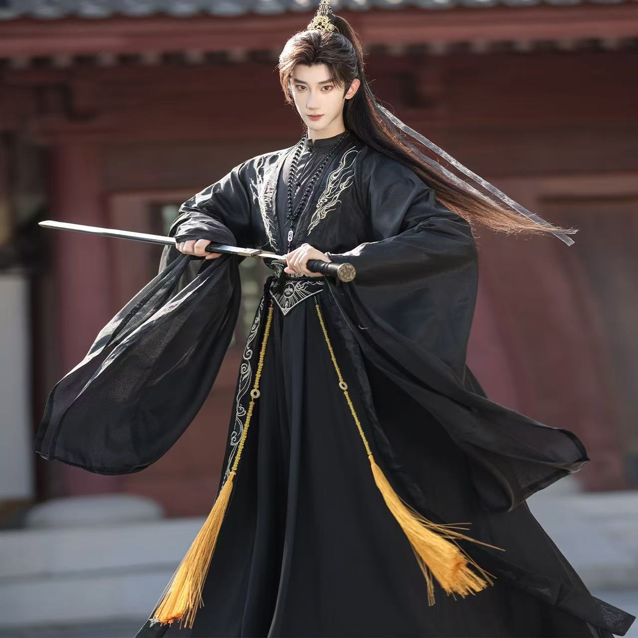 Cool noir hommes Hanfu traditionnel chinois vêtements Niche col debout broderie longue Robe Halloween Wuxia Cosplay Costume
