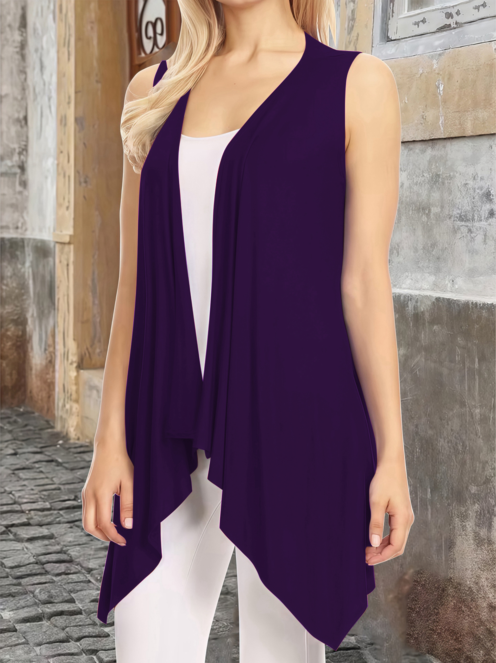 Gilet cardigan élégant sans manches ouvert sur le devant pour femme – Gilet long drapé léger de grande taille