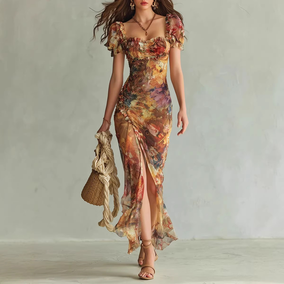 Nouvelle Robe Longue Bohème Florale Femme Sexy à Col Carré Froncée Fendue Moulante Manches Bouffantes Volants Robe de Soirée Été