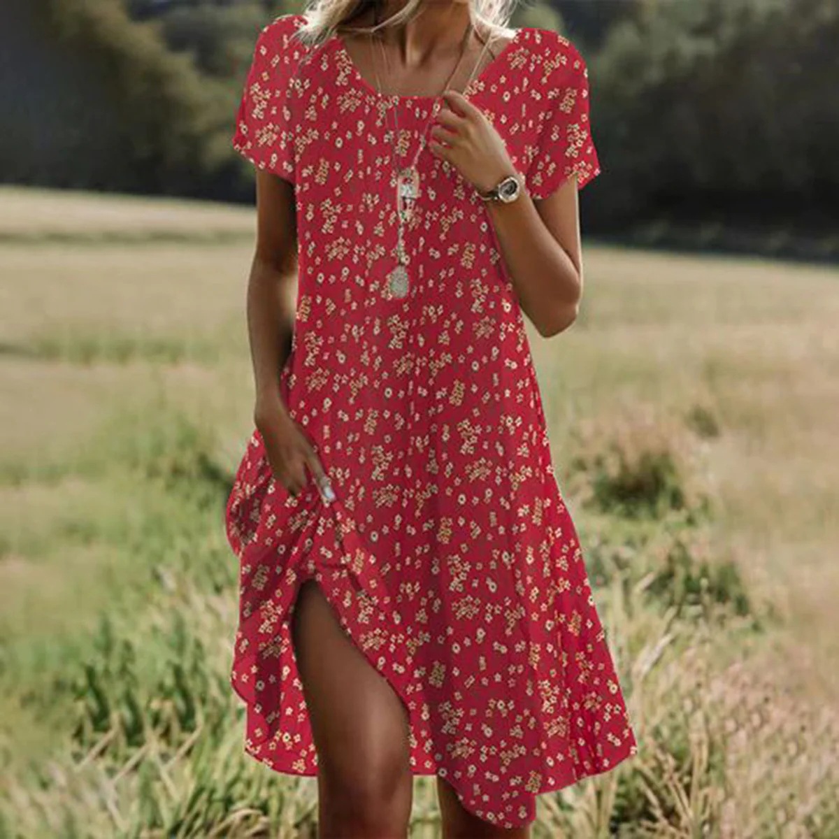 Robes ethniques pour femmes, manches courtes, col rond, mode d'été imprimée, vacances de rue, jupe mi-longue de plage