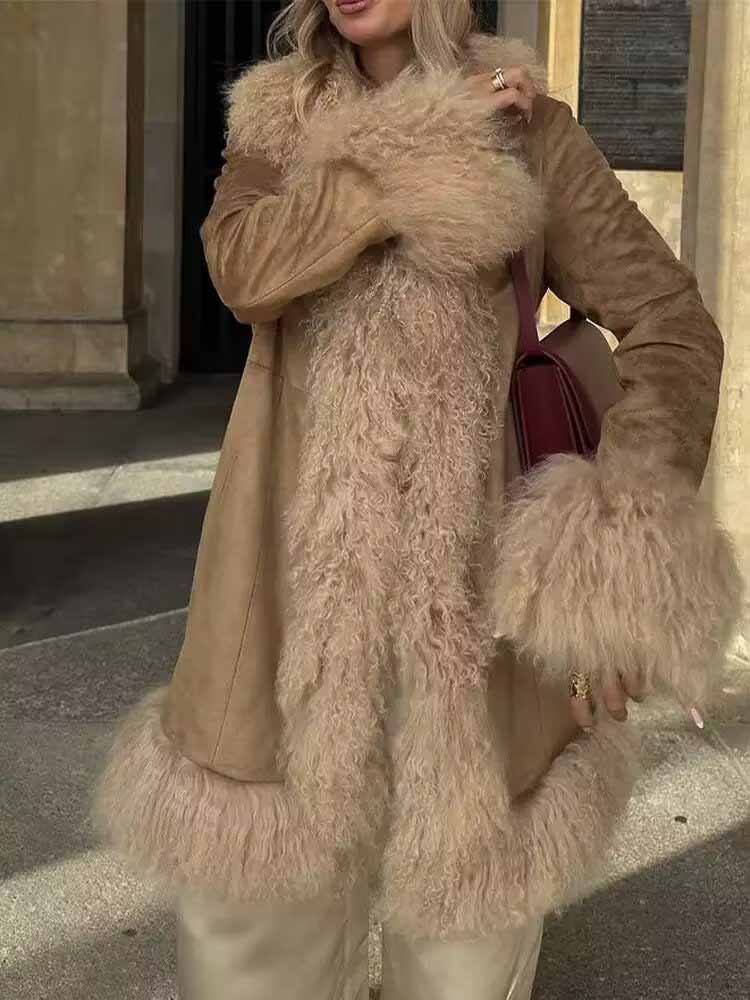 HH femme décontracté manches longues pardessus femme début du printemps tendance mode daim fourrure épissage Shaggy décoration manteau de longueur moyenne