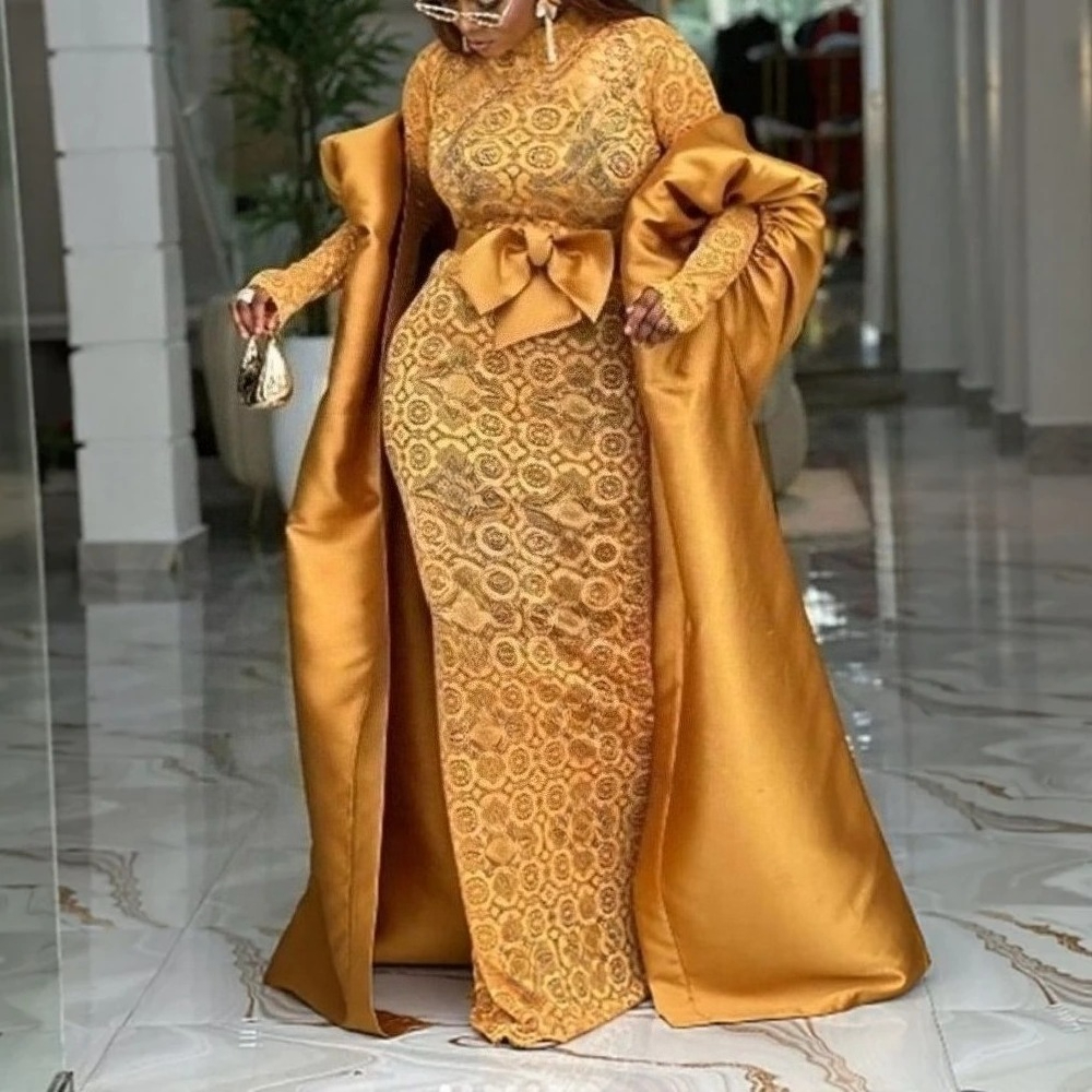 Ensemble deux pièces africain élégant en dentelle, moulante à l'intérieur, avec ceinture à nœud transparent, Kaftan Boubou, Robe brillante, pour occasions d'événements de mariage