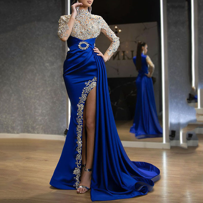 Robe longue épissée en dentelle bleue, Sexy, col rond, Style élégant, tissu Polyester, manches longues, robe mi-longue pour femmes