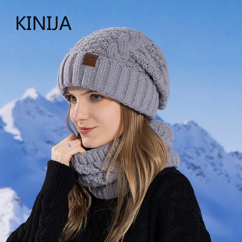 Ensemble écharpe et chapeau tricoté pour femmes, doublure polaire épaisse, Skullcap, cyclisme en plein air, Protection contre le vent chaud, hiver