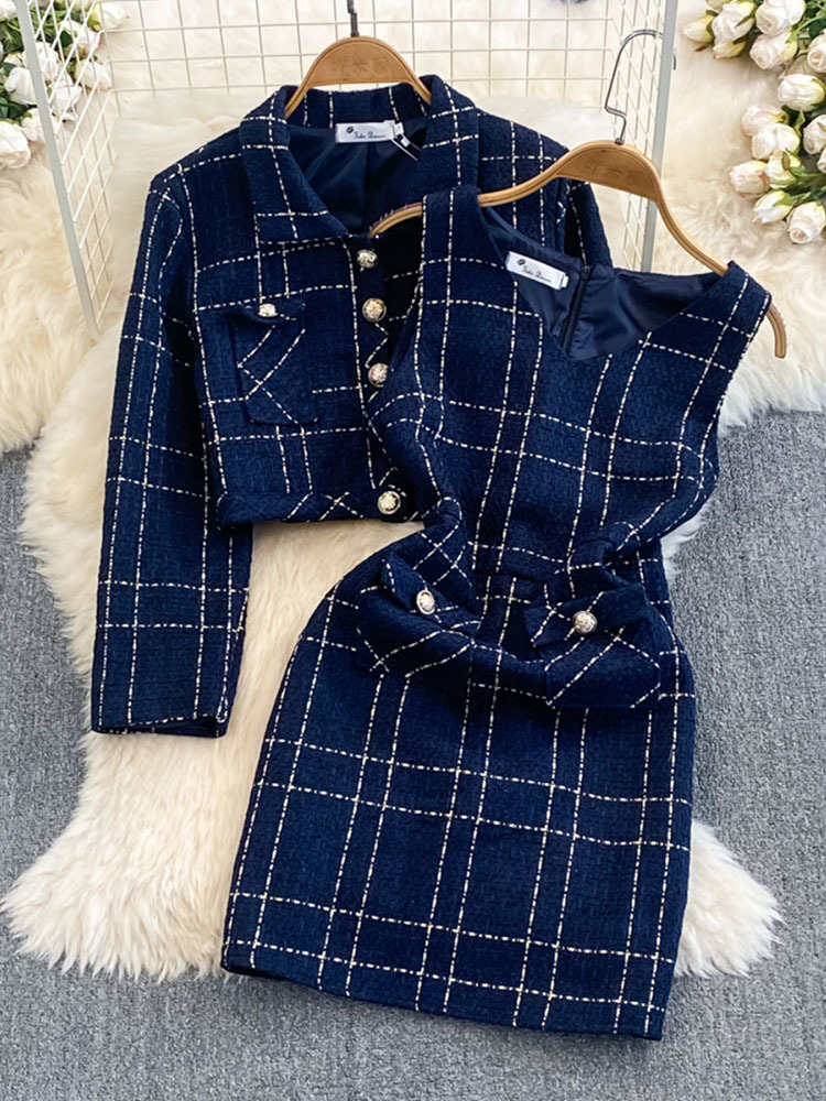 Manteau court à manches longues pour femmes, veste en tweed bleu chic, robe imbibée, glafur s élégant, coréen de luxe, automne, ensemble 2 pièces