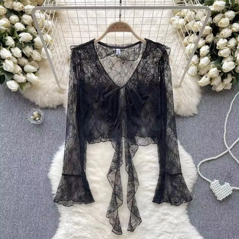 Cardigan court en dentelle pour femme, à nouer sur le devant, avec manches évasées, chemisier léger, veste châle, vêtement d'extérieur, chemisier de couverture.