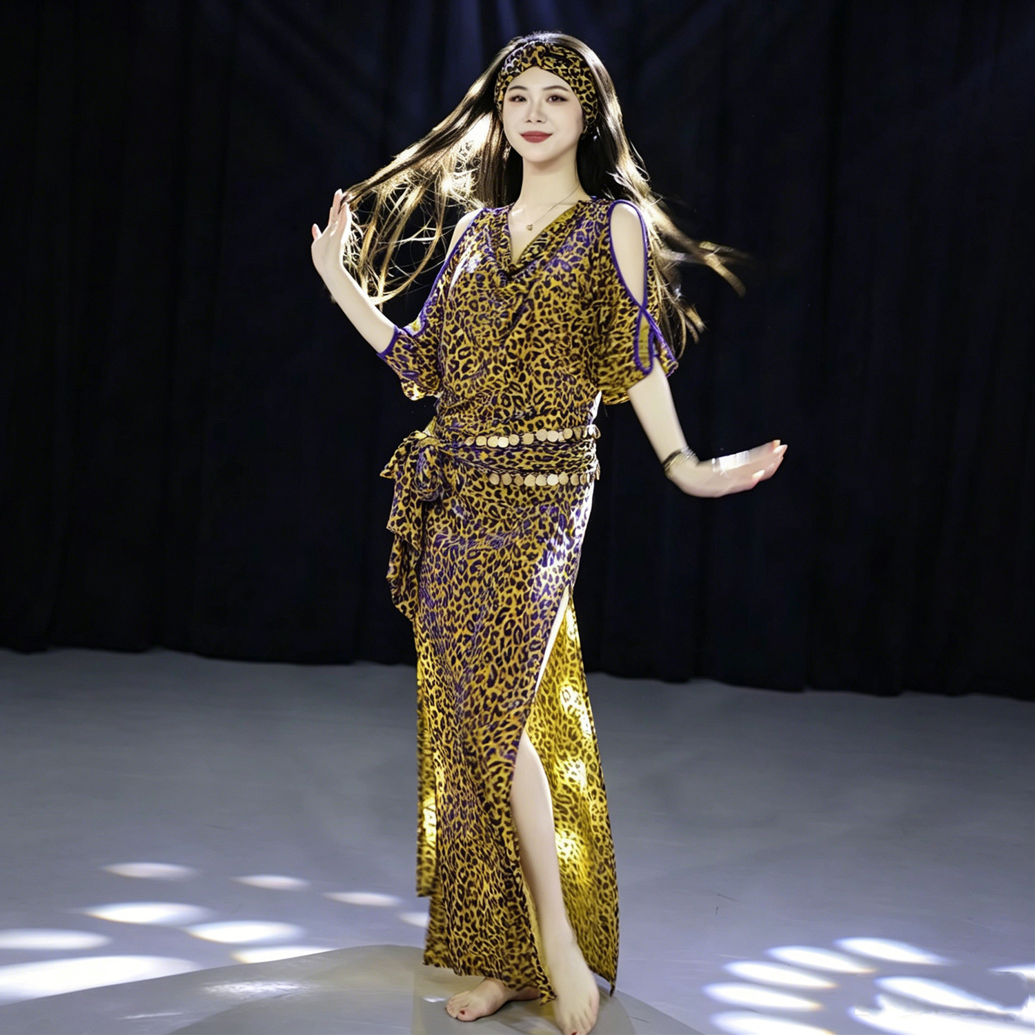 Robe longue de danse du ventre pour femme, style Baladi, tenue folklorique pour spectacle de groupe, robe de compétition arabe, robes Saidi, imprimé léopard sexy