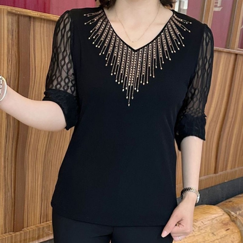 Femmes été T-shirt col en v mode demi manches maille Patchwork T-shirt femmes chemise de fond dames noir pull femmes hauts