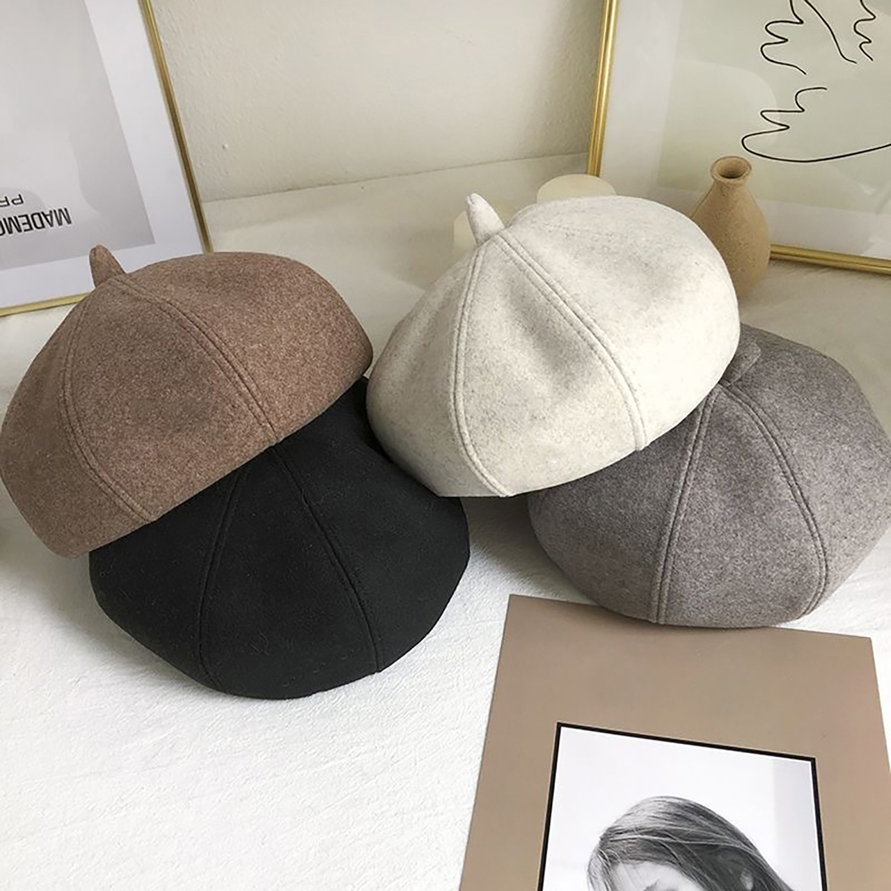 Bérets en laine chauds d'hiver pour femmes, casquette de peintre d'artiste coréenne de couleur unie, casquettes octogonales thermiques Vintage pour dames
