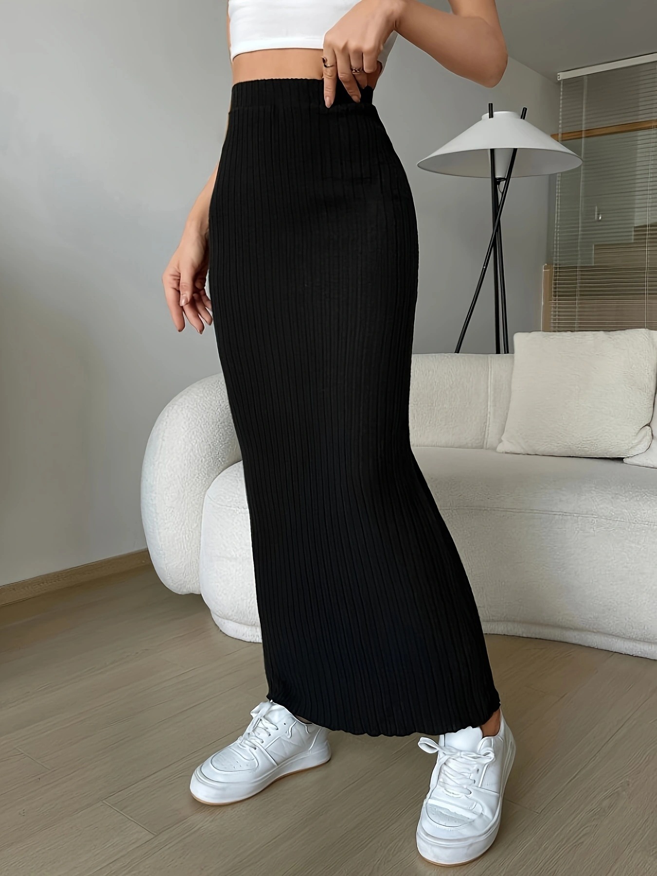 Jupe longue à rayures verticales de style européen et américain, couleur unie, taille haute, coupe ample, ajustée, polyvalente, en tricot, jupe moulante