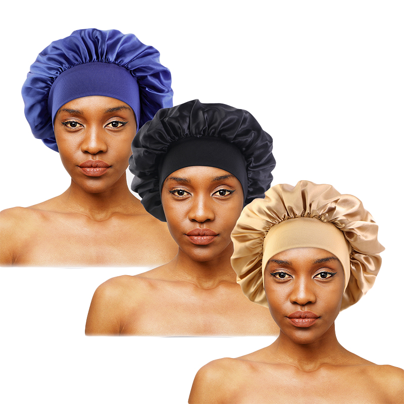 Bonnet de nuit unisexe à bande élastique, 3 pièces/lot, Bonnet de bain Extra Large en Satin soyeux, Bonnet de sommeil pour bouclé et élastique