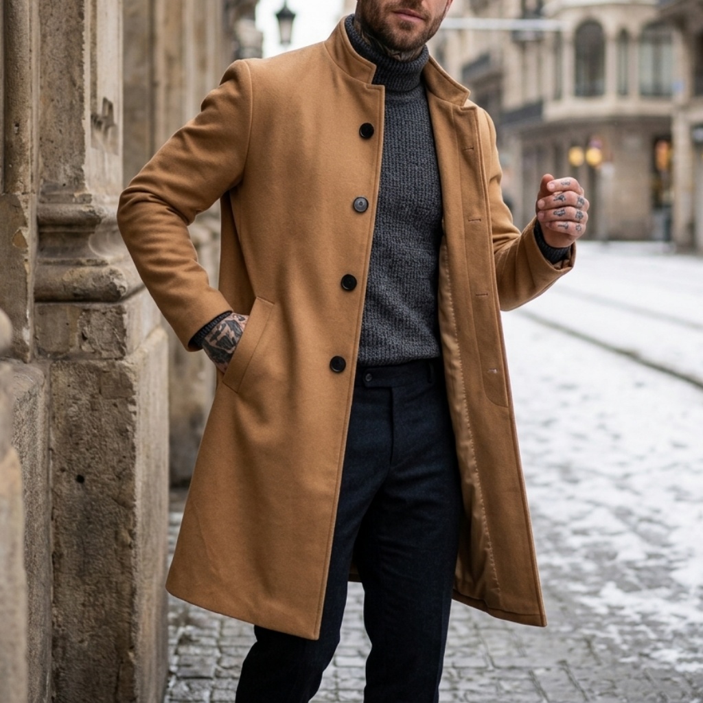 Manteau trench à double boutonnage pour homme, hiver |   Veste longue coupe-vent et chaude |   Manteau long décontracté à style streetwear professionnel