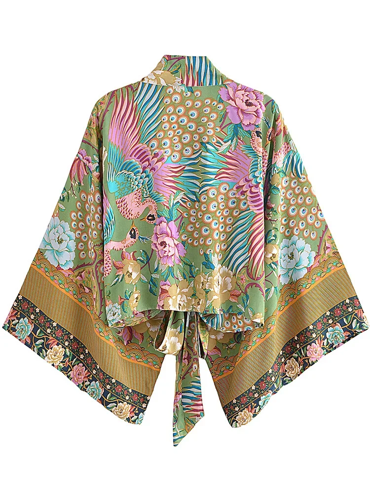 Boho Dinner ens Peacock Short Robe Kimono Swimsuits for Women, Floral BatOOSleeves, Rayon, Bohemian Bikini Cover Ups, Beachwear, Fashion