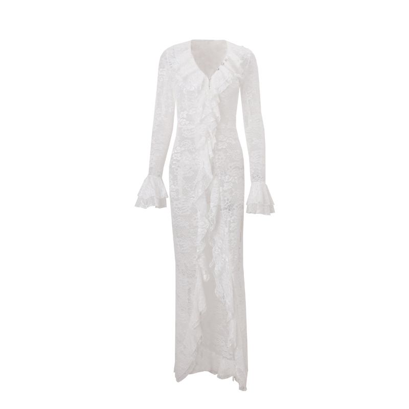 Robe longue en mousseline de soie, manteau élégant en dentelle, à volants, Sexy, mode, col en v, fendue irrégulière, robes de soirée pour femmes, nouvelle collection automne
