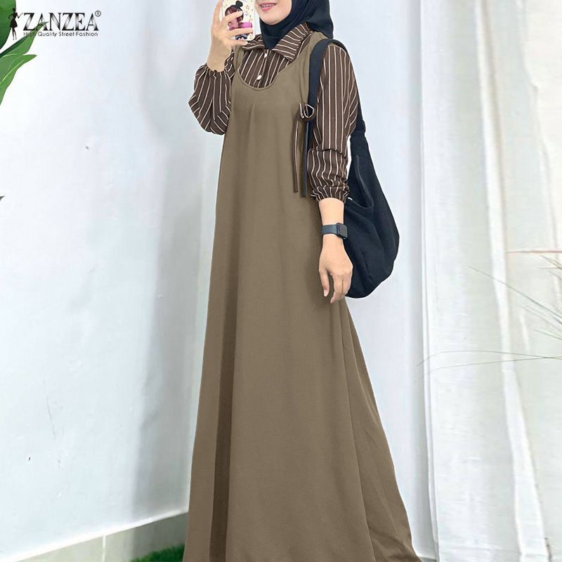 ZANZEA Robe Abaya musulmane patchwork rayée pour femme, Robe de Ramadan décontractée à manches longues, Robe longue ample style Dubaï, Kaftan Maxi