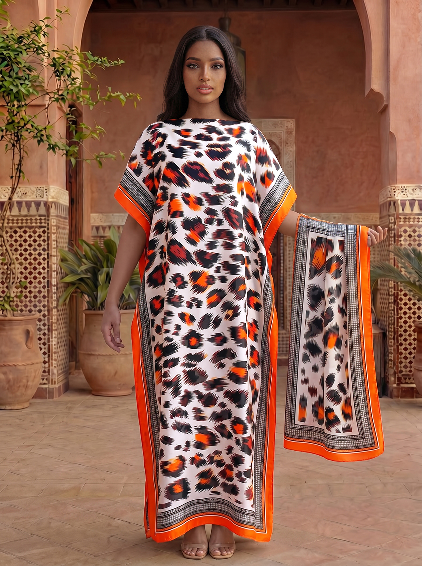 Ensemble Abaya et Foulard en Satin Imprimé Léopard Bohème, Kaftan Maxi Ample à Manches Chauve-Souris pour Femmes Musulmanes Africaines, Idéal pour les Vacances, la Plage et le Quotidien