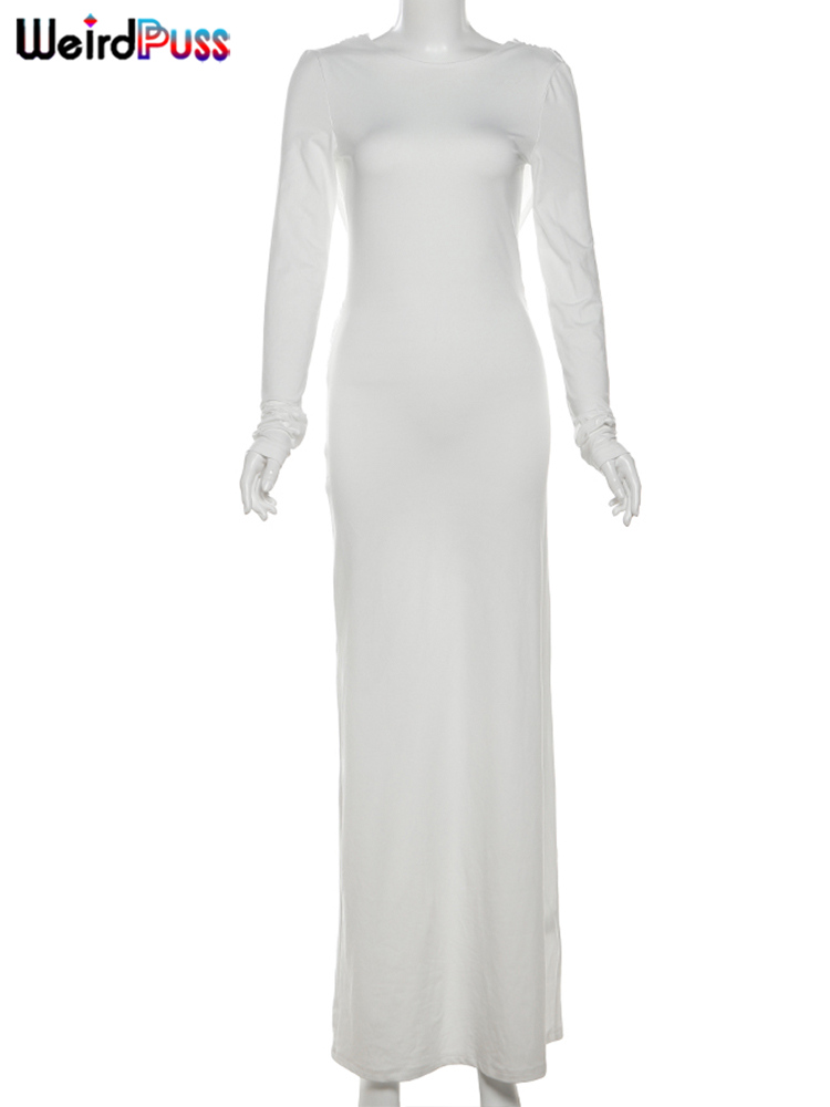 Whatiwear Robe Femmes Dos Nu Printemps Sexy Simple Vacances Plis Élégant Plein Manches Stretch Prom Soirée Solide Maxi Moulante