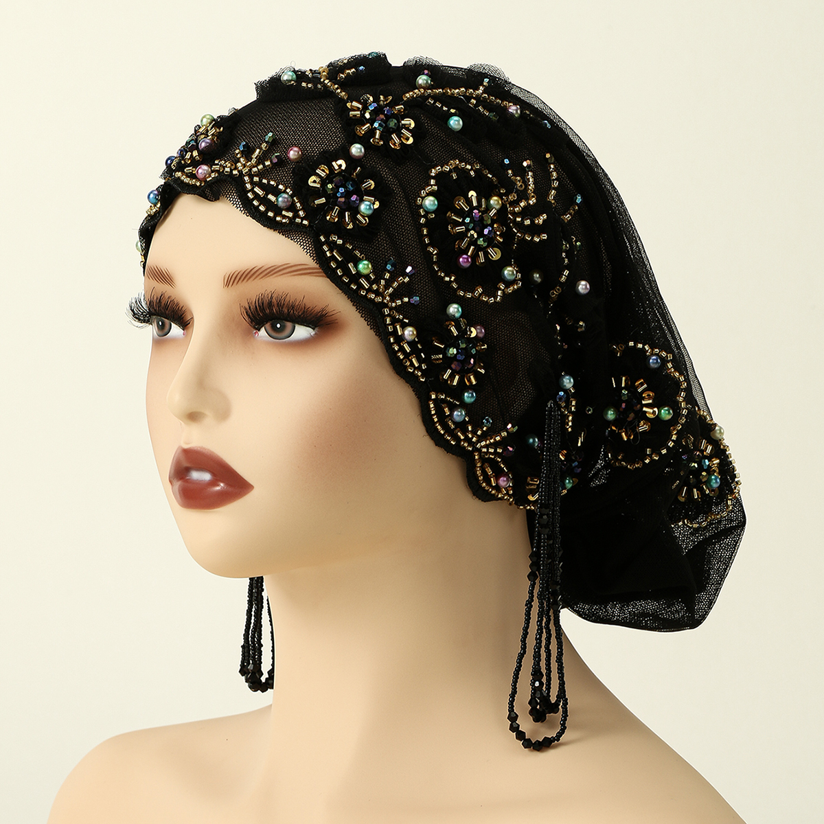 Chapeau de perles en dentelle musulmane, casquettes en tissu maille, Tube de perles associé à un fil de diamant acrylique, chapeau brodé pour femmes arabes de dubaï