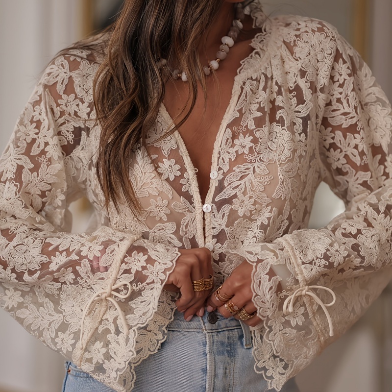 2025 automne à manches longues dentelle chemises Blouses femmes vêtements Blusas Mujer De Moda évider Sexy hauts voir à travers la chemise décontractée