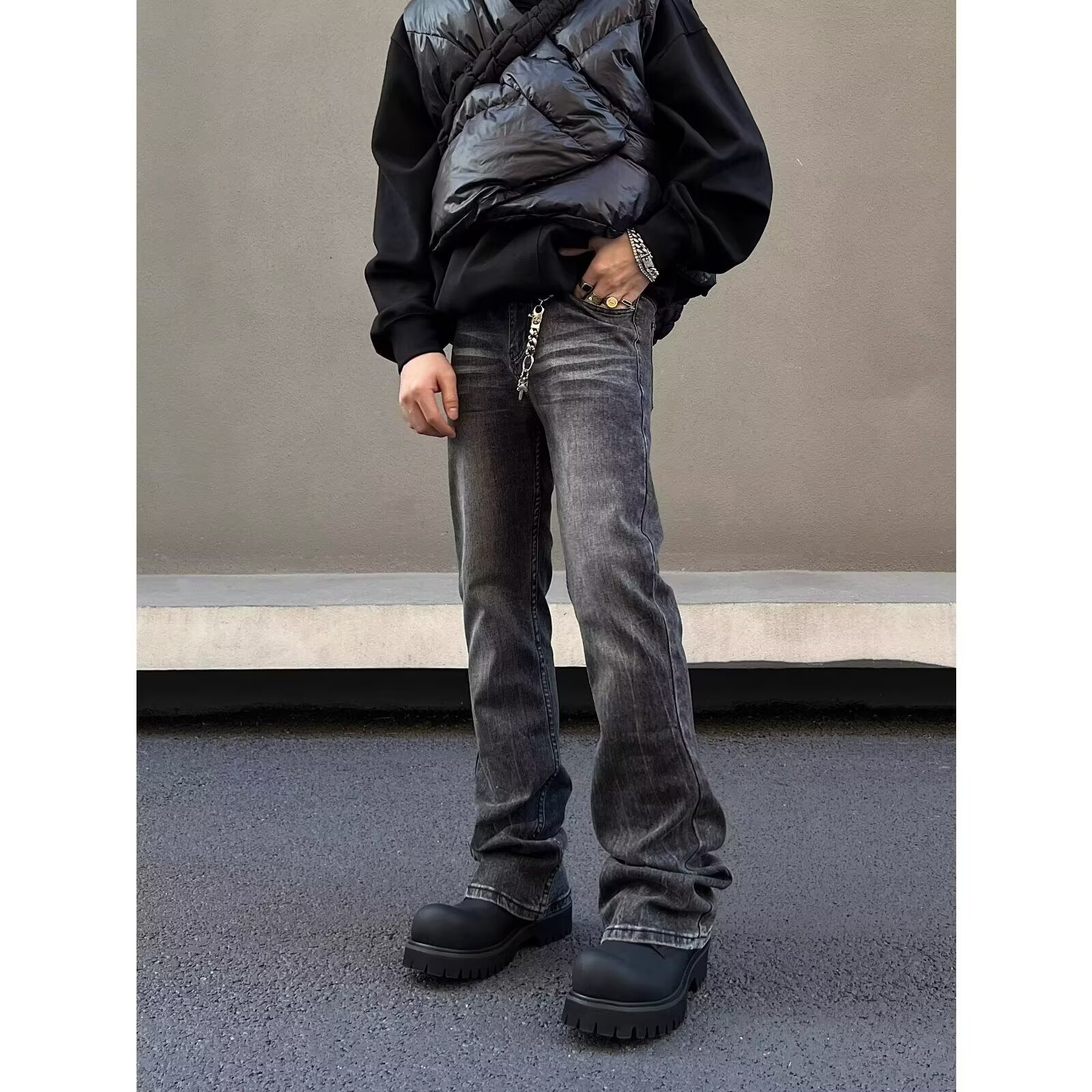 Jean noir délavé de rue américaine pour hommes, pantalon micro évasé élastique, coupe droite, élégant et coupe droite