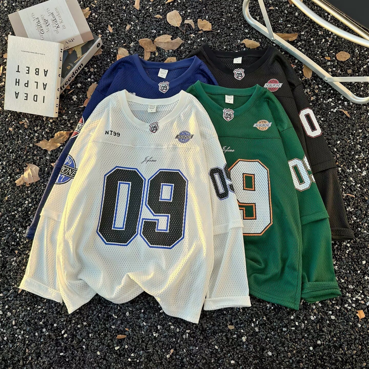 Maillot de football unisexe en maille à manches longues, effet deux pièces, avec motif 09, col en V, coupe ample, style Hip-Hop Street Sport, hauts pull-overs