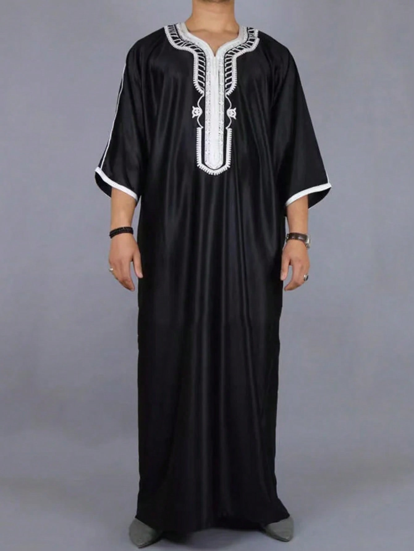 Abaya ample islamique pour hommes, manches courtes, brodé, Style arabe marocain, vêtements musulmans traditionnels pour hommes
