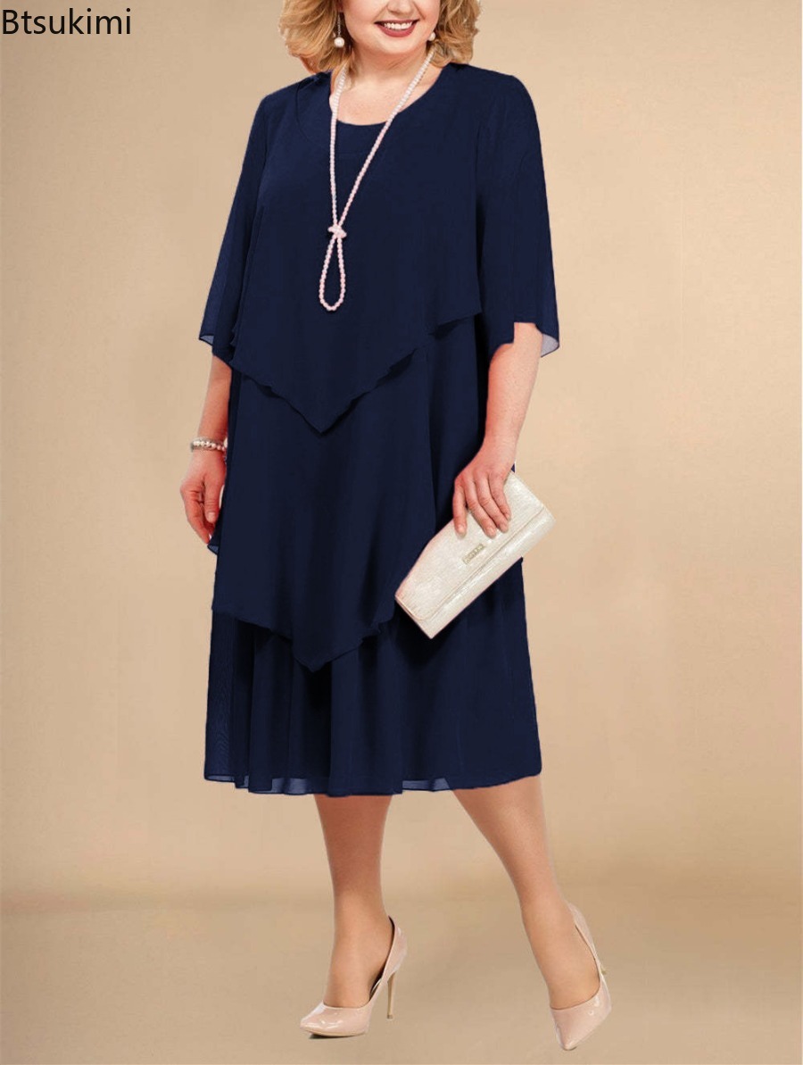 Robe en mousseline de soie à ourlet superposé irrégulier pour femmes, robe mi-longue fluide, robes à col rond, mode de fête élégante, invité de mariage, grande taille, été