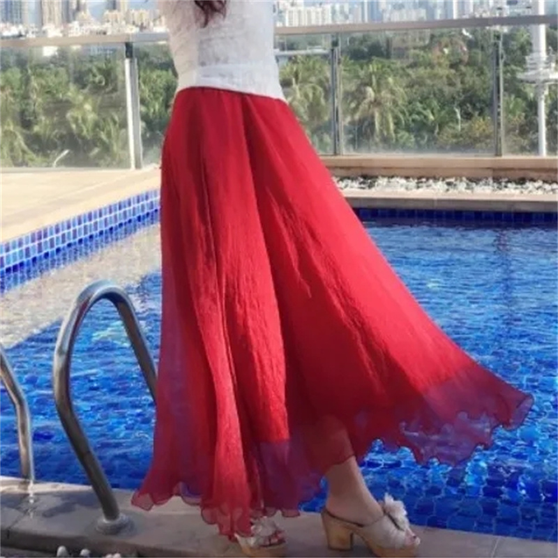 Longue jupe de plage plissée en mousseline de soie, double couche, élastique, taille haute, grande balançoire, gaze, ligne A, haute qualité, printemps, été