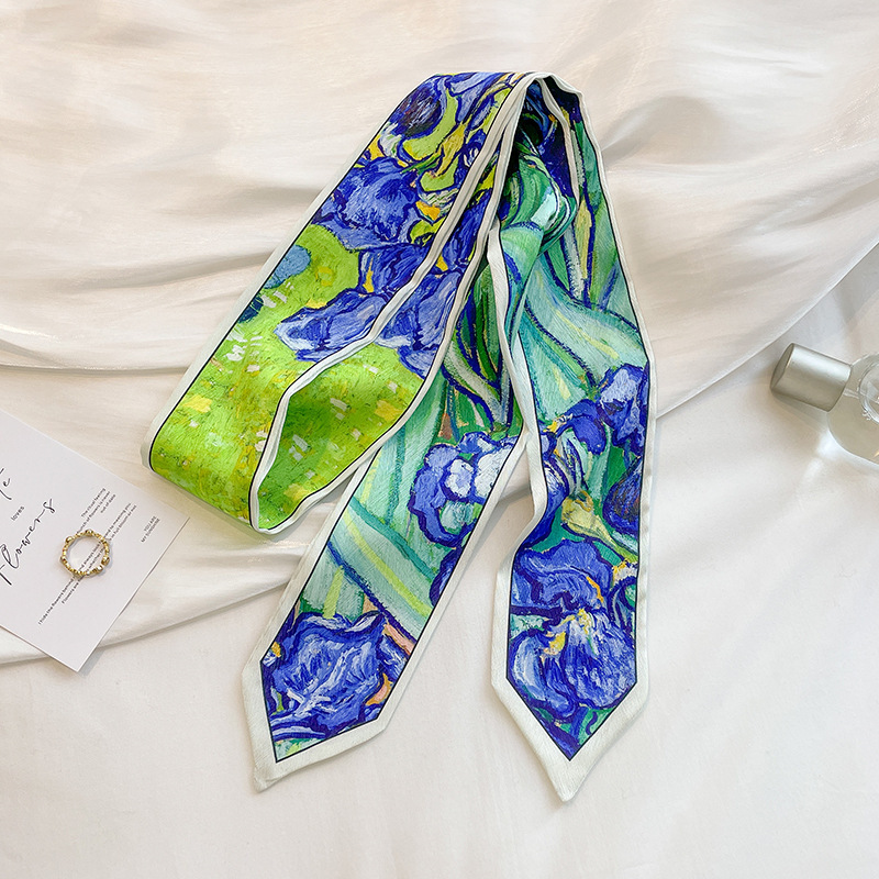Élégant soie printemps et été polyvalent mode bandeau banderoles sac sangles peinture à l'huile Style petit ruban longue écharpe ceinture