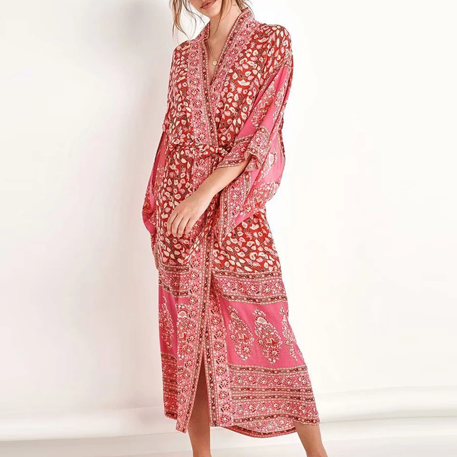 AYUALIN-Kimono vintage en mousseline de soie, imprimé floral, rose, style boho, cover-up pour la plage, vêtements pour femmes