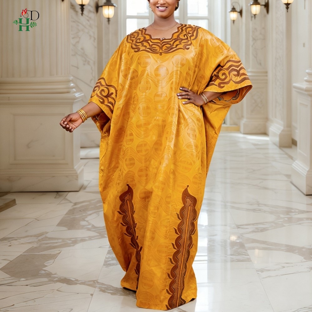 Robes africaines H&D pour couple, jaunes, traditionnelles, en Bazin Riche, tenue brodée 3 pièces pour homme, robe turque pour femme, robe de fête de mariage
