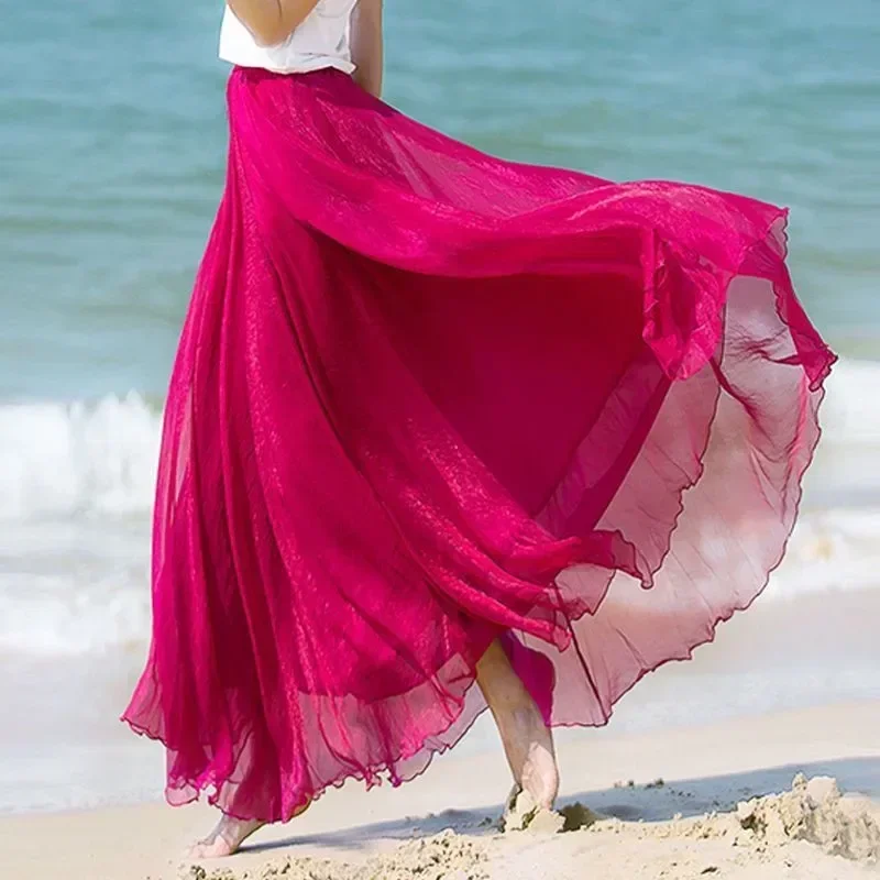 Longue jupe portefeuille en mousseline de soie plissée pour femmes, tenue de plage, taille haute, plissée, pour soirée dansante, C478, été