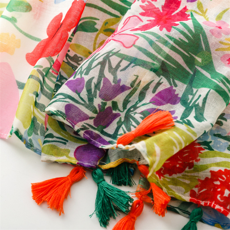 Écharpe imprimée plante tropicale, châle fin et respirant de style élégant avec glands, serviette de plage coupe-vent de protection solaire d'été pour femmes